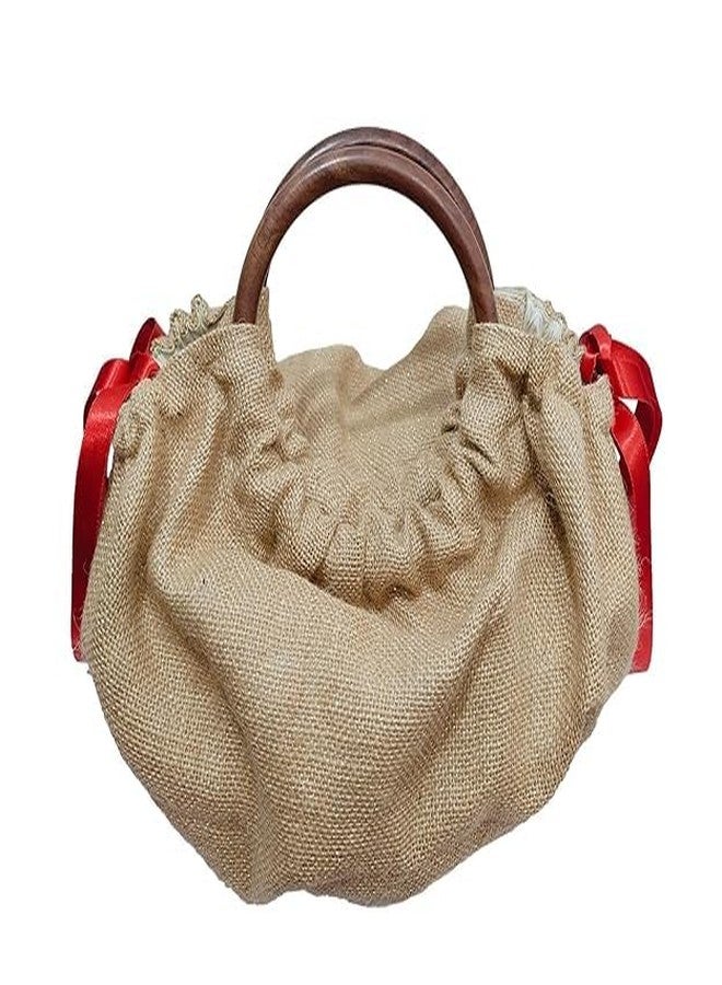 ATHZ women handbag || baggy style wooden handle casual fashion | | Plain jute || hand carry wristlets pouch bags for women (Golden Jute, Satin Orange side bow tie ribbon) - Image 4